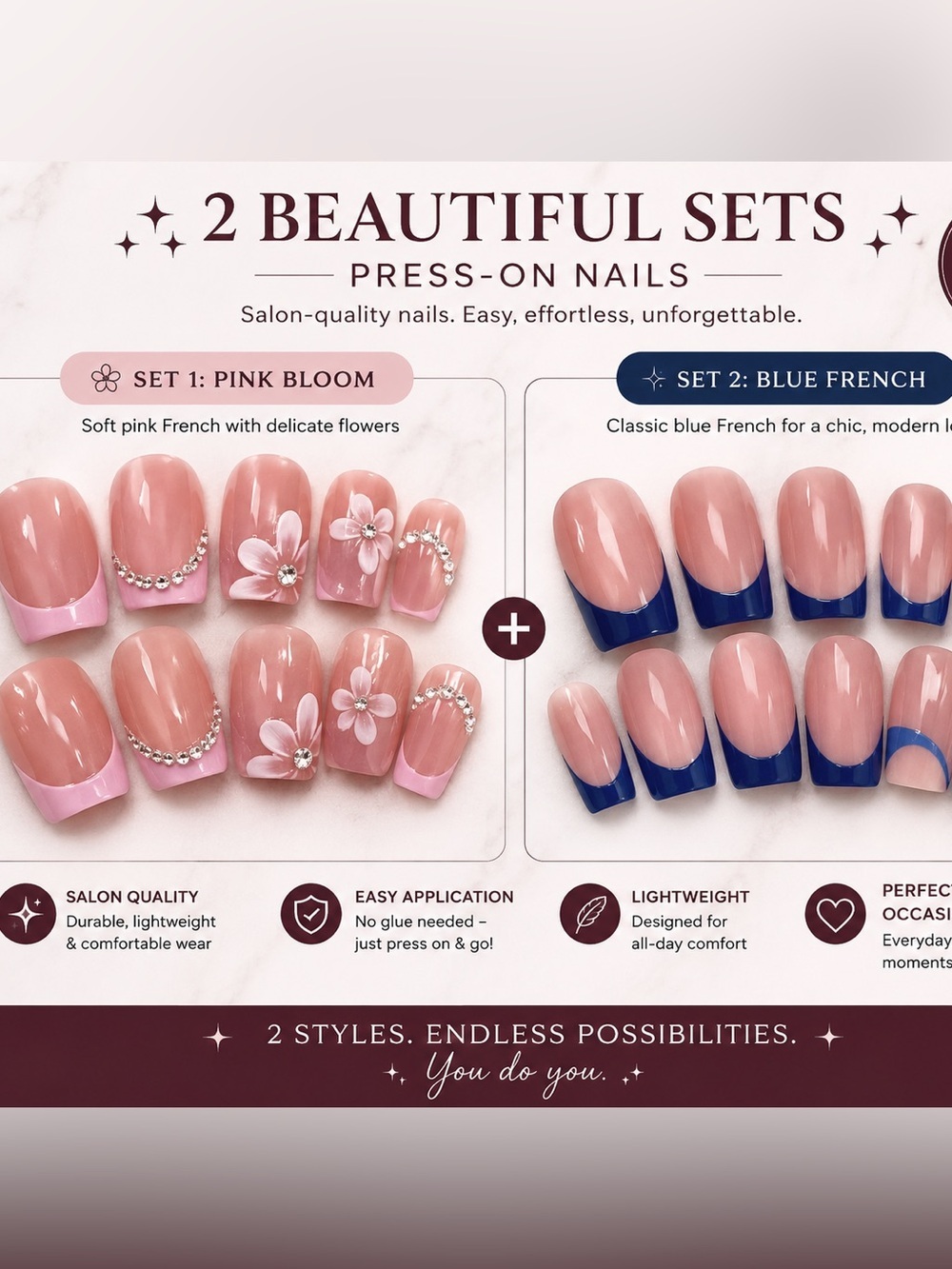 2 Sets Press-On Nails — Pink Bloom & Blue French